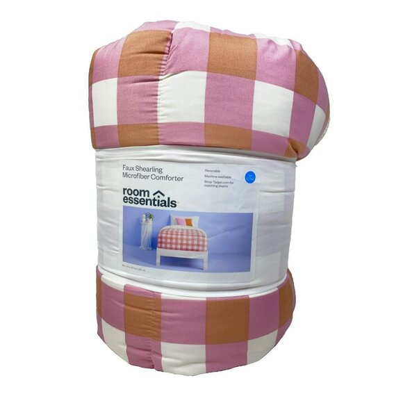 Room Essentials Faux Shearling Reversible Comforter Twin/XL Pink Plaid 66 x 94" - Picture 4 of 12